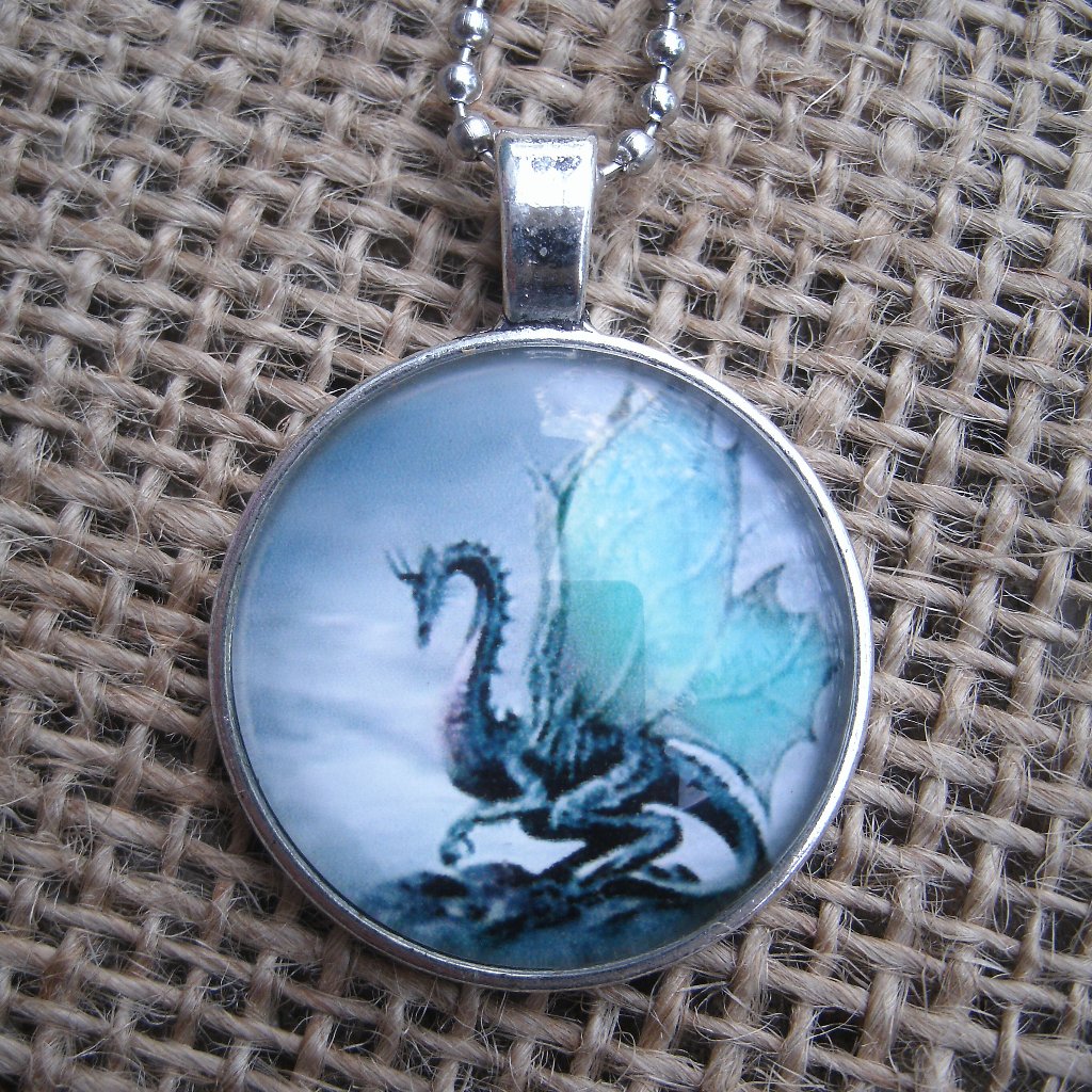 Black Dragon Glass Cabochon Pendant Necklace